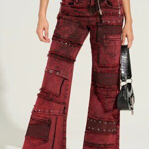 Y2K Red Distressed Wide Leg Cargo Denim Pants Grunge Size L
